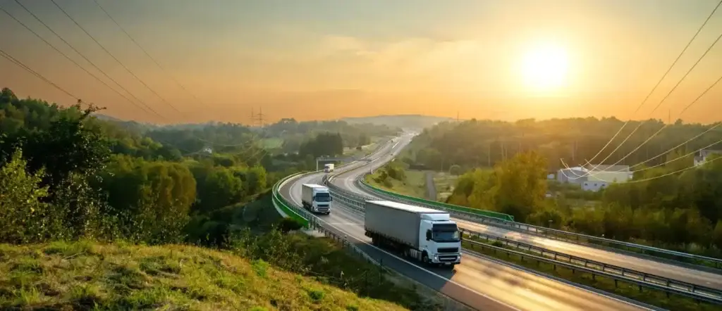 Vrachtwagen op een weg door het landschap bij zonsondergang